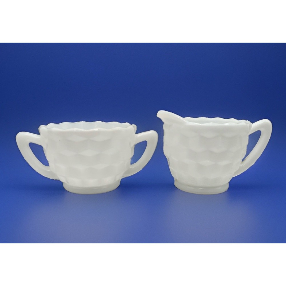 Vintage White Milk Glass Cubist Creamer and Open Sugar Bowl Set Jeannette Style